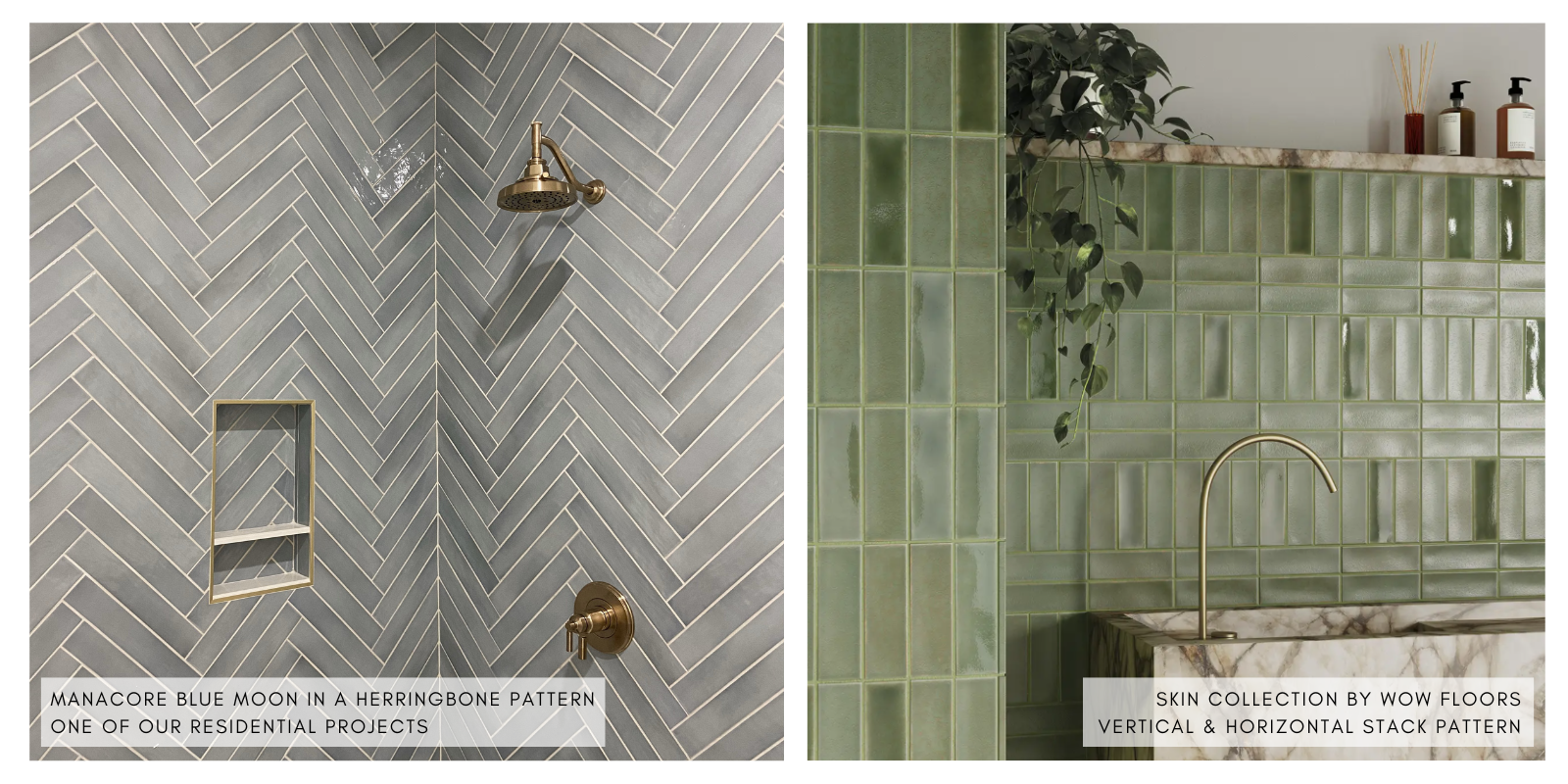 Different tile designs: herringbone, vertical stack, offset. Trending and modern tile design.