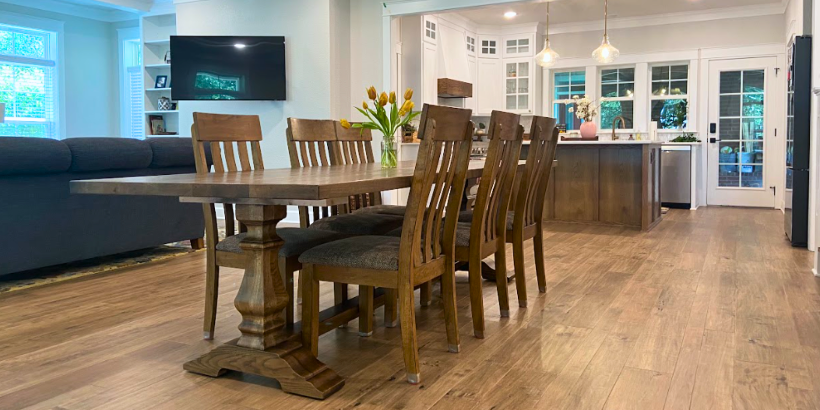warm hardwood in a farmhouse dining room