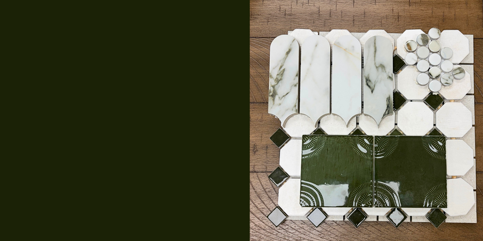 Tile design mood board with olive greens, natural stone neutrals, picket and penny round mosaics.