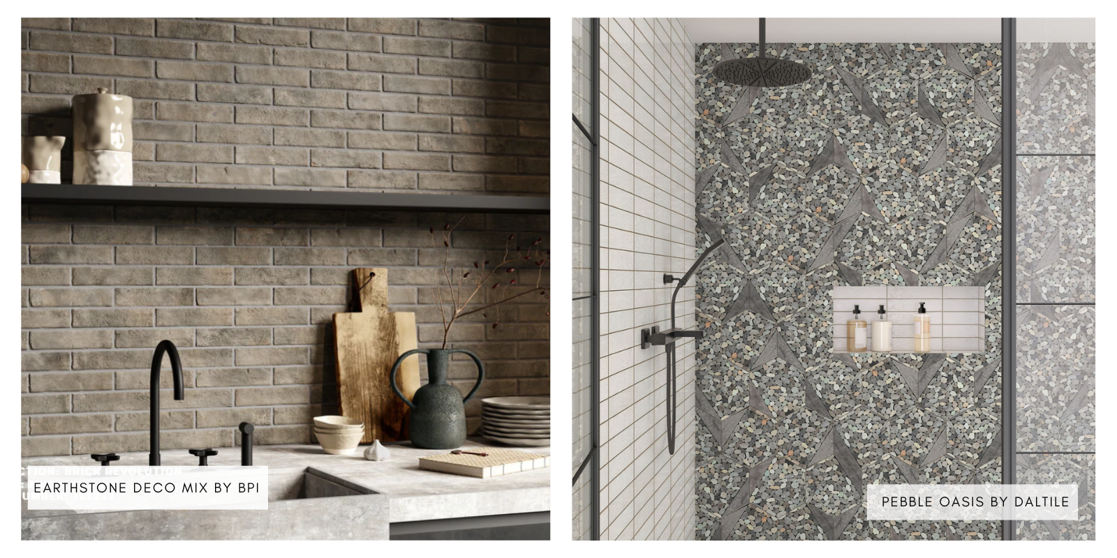 Mixed materials in kitchen countertop and backsplash and bathroom shower.  Natural stone.