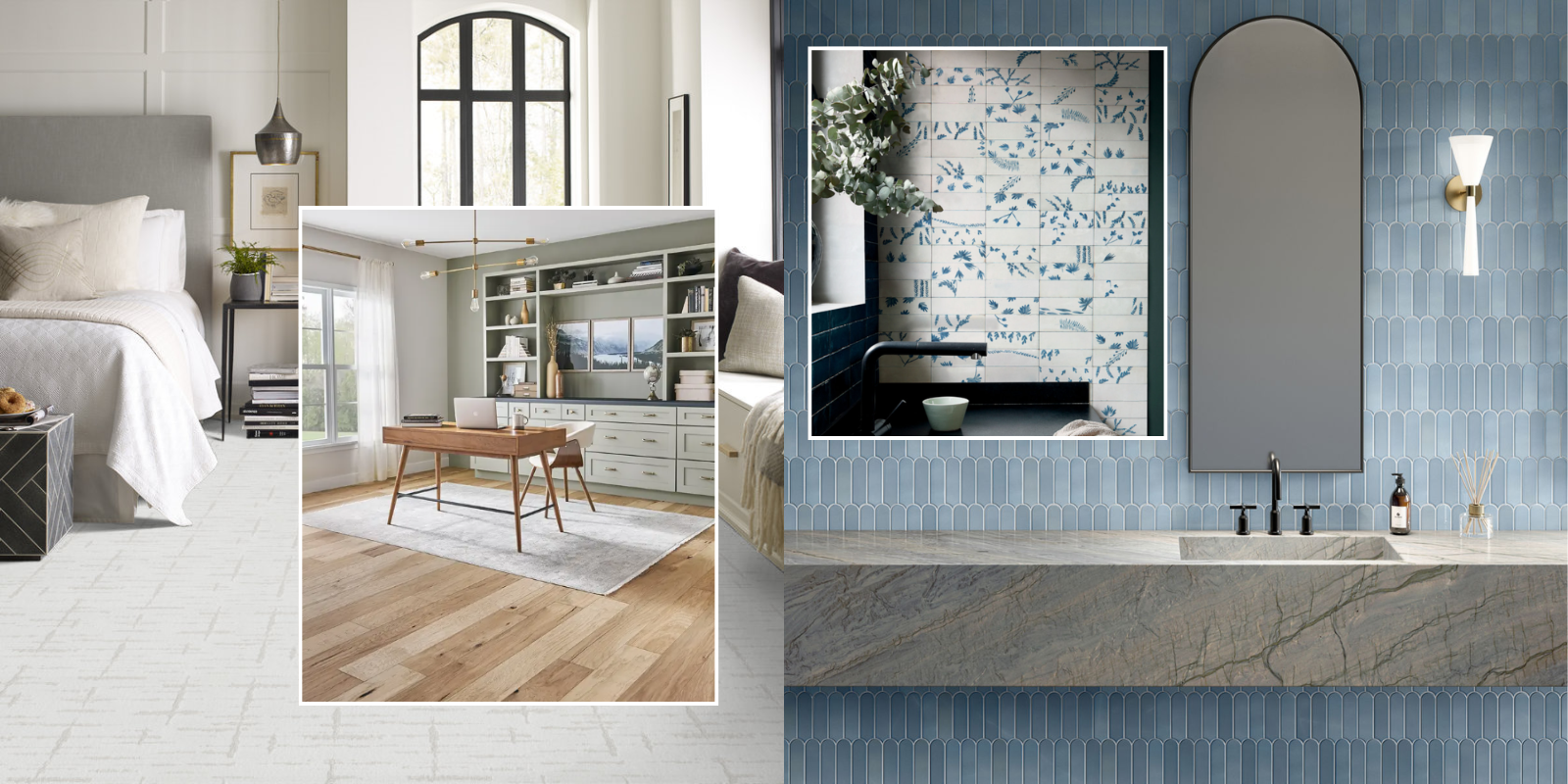interior design mood board for spring with blue, floral tile, light wood floors and white carpet