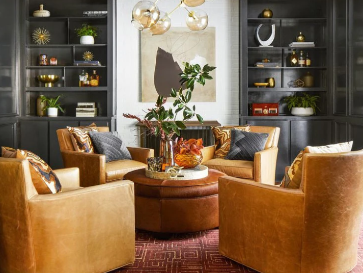 modern living room with plaid carpet