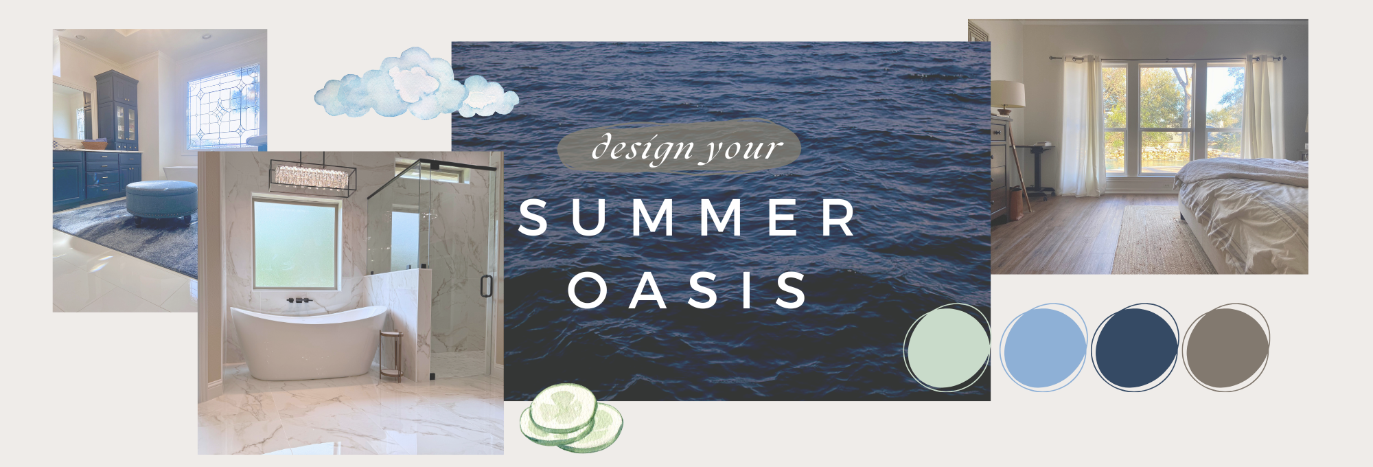 interior design mood board for a summer oasis with new tile in master bathrooms and luxury vinyl in master bedroom