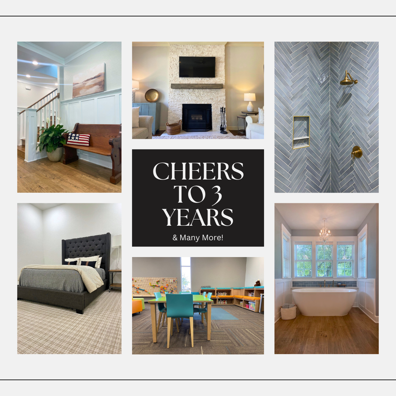 collage of various flooring and tile projects celebrating 3 years in business