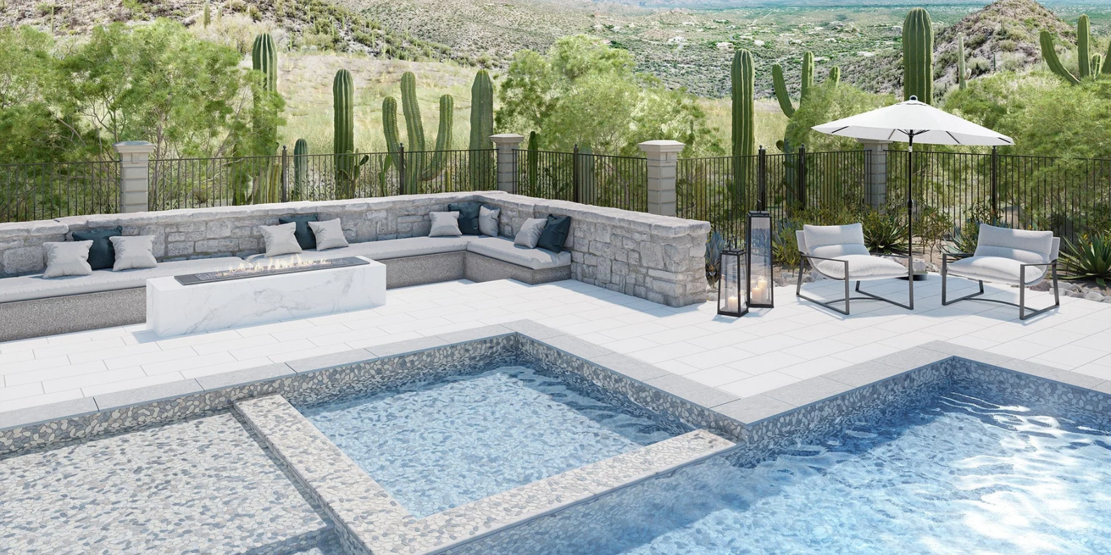 Outdoor pool with pebble tile and large seating area with fireplace in the desert | 900 E. Central Ave. Belton, TX 76513 | Tile Renovations In Belton, TX