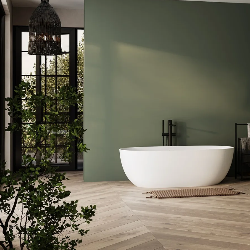 green modern bathroom with luxury vinyl and bathtub