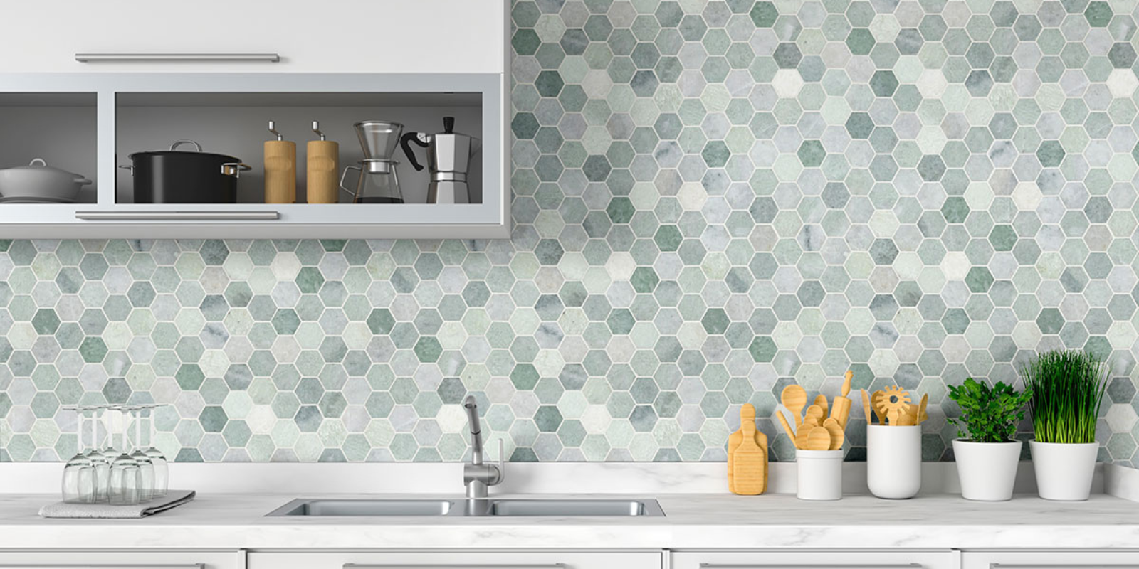 Hex mosaic green backsplash from MSI surfaces in modern kitchen
