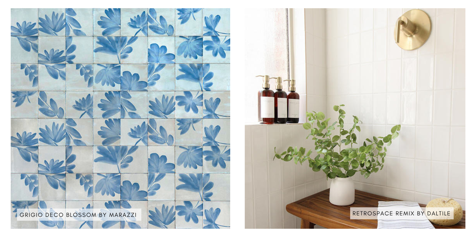 Clean white bathroom wall tile and deco blue blossom wall tile