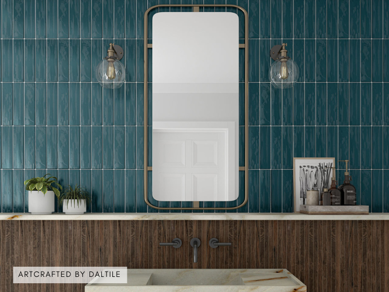 Dark blue backsplash tile in a modern bathroom